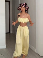 Women's Trousers 2 Pcs Suits Pleated Spaghetti Strap Cropped Tube Tops Elastic Waist Lace Up Pants