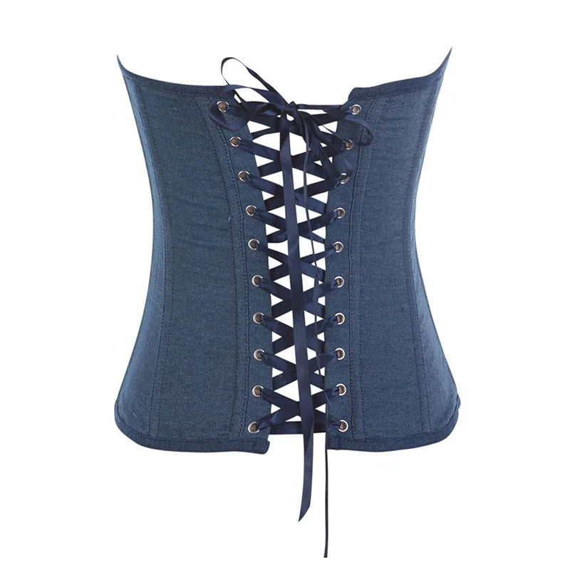 Denim Victorian Corset Top Strapless Overbust Bustier Vintage Style