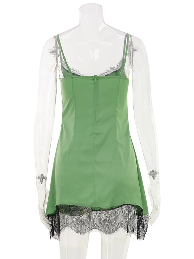 Green Camisole Lace Patchwork Slim Sheath Mini Dress