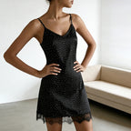 Sexy Polka Dot Loose Lace Spaghetti Strap Backless Nightgown
