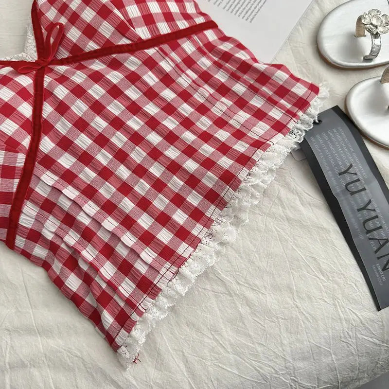 Halter Neck Bow Plaid Crop Top With Shirred Back For Women Cute Fashion Blouse
