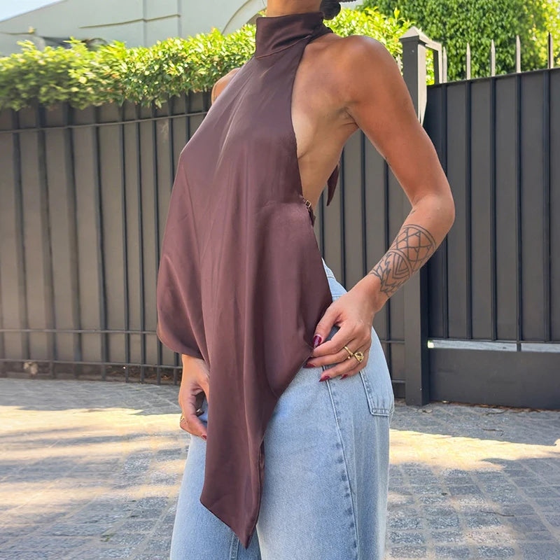 Backless Hollow Out Halter Tank Top With Pleated Detail