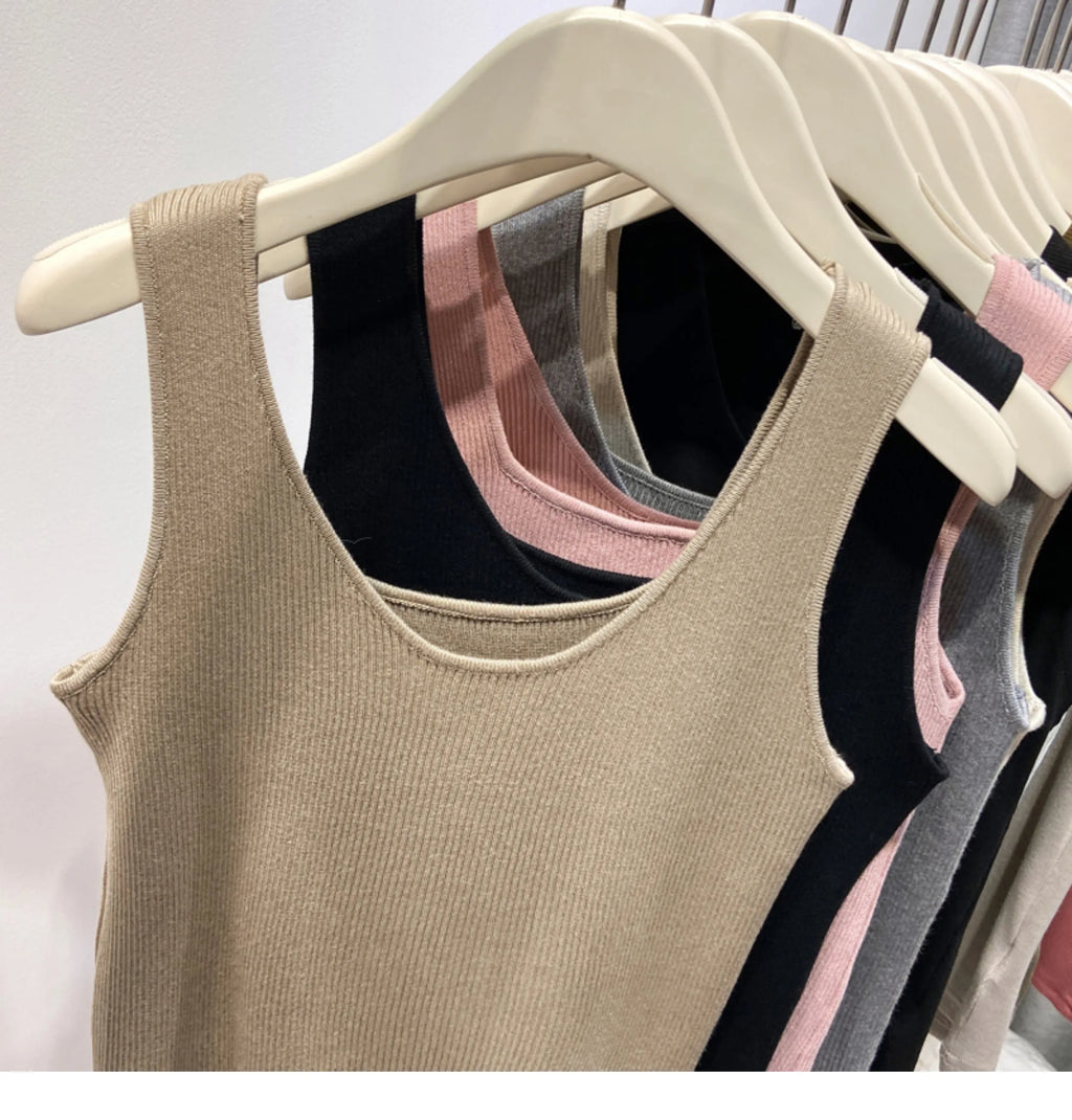 Knitted Strap Top With Clavicle Square Collar