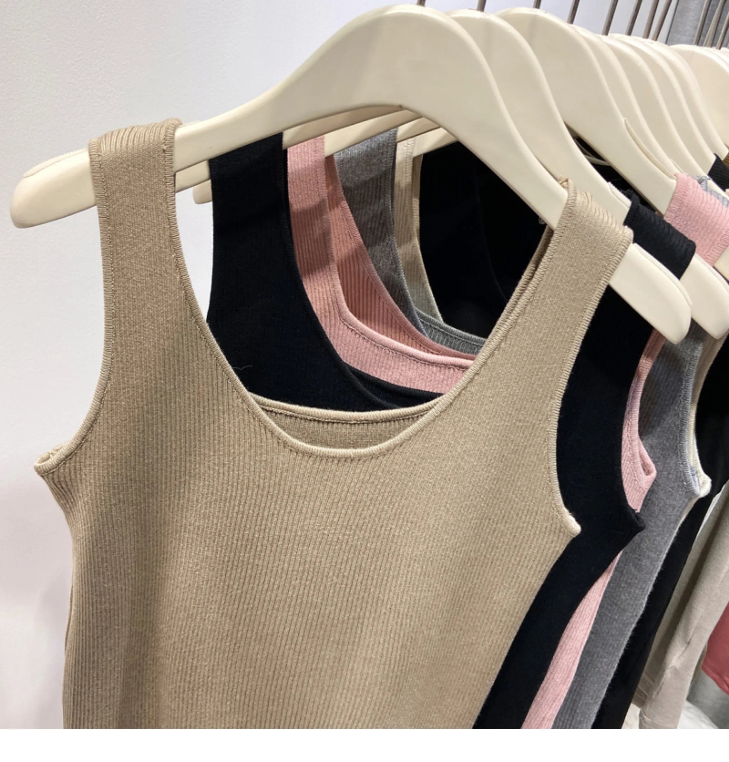 Knitted Strap Top With Clavicle Square Collar