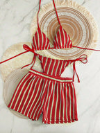 Retro Striped 3 Pieces Knitted Mesh String Bikini Set Swimsuit