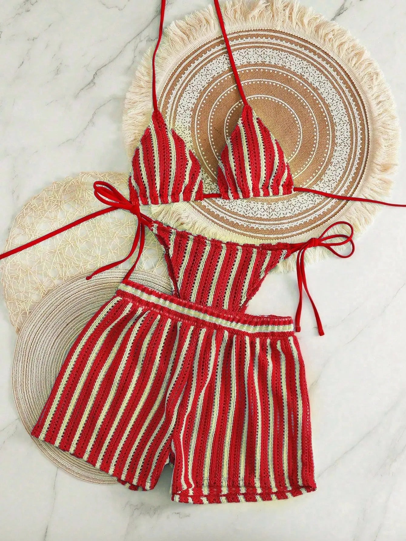 Retro Striped 3 Pieces Knitted Mesh String Bikini Set Swimsuit