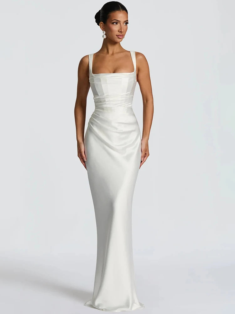 Elegant Satin Backless Halter Off-Shoulder Maxi Dress