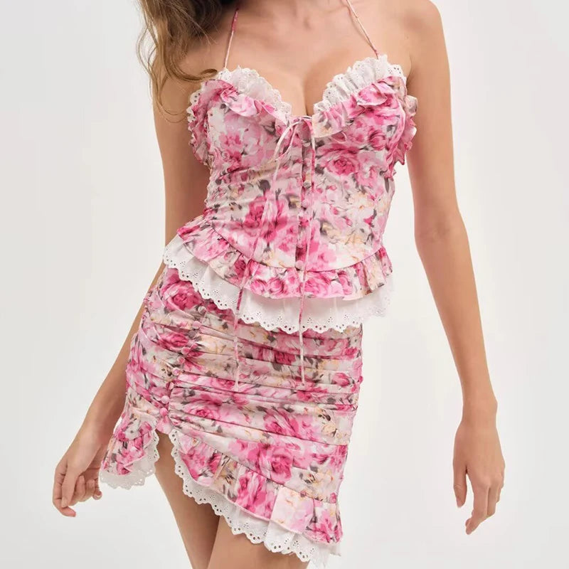 Boho Floral Print 2 Pieces Skirts Set Holiday Summer Women Sexy Backless Halter Top + Mini Skirt