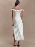 Off Shoulder Ruffle Midi Dress With Front Cutout High Waist Side Split