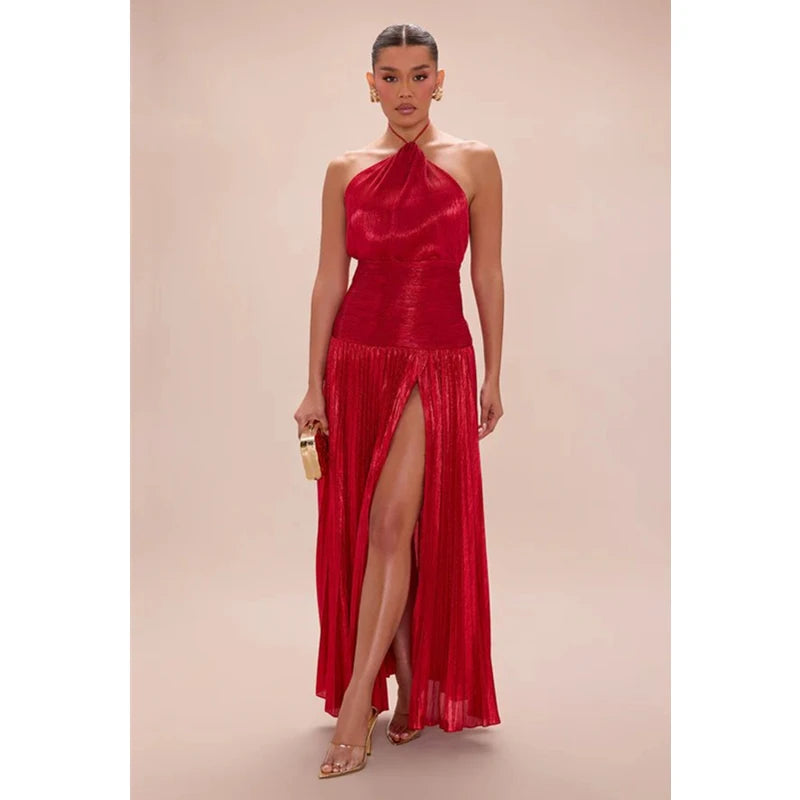 Off Shoulder Corset Halter Evening Gown With Slit