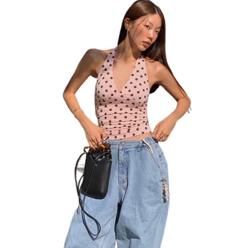 Polka Dot Halter Tank Top With Backless Lace Up Detail Chic Summer