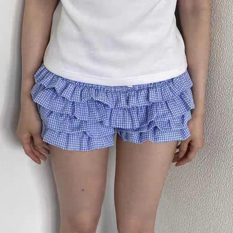 Layered Ruffle Plaid Shorts Lolita-Inspired Vintage Bloomers with Low Waist