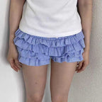 Layered Ruffle Plaid Shorts Lolita-Inspired Vintage Bloomers with Low Waist
