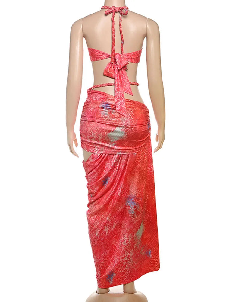 Two Piece Halter Top And Hollow Slash Maxi Skirt Set