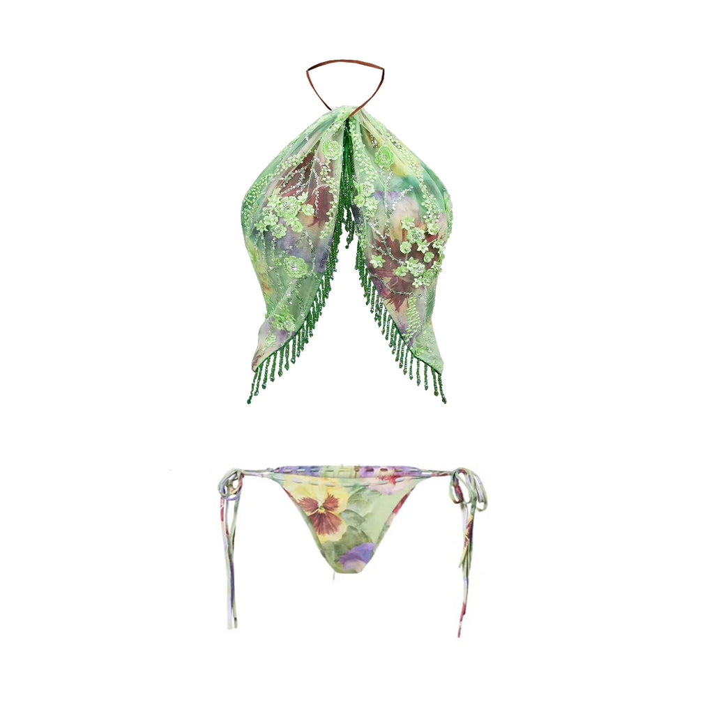 Floral Bikini Set With Skirt Bandeau Style Swimwear