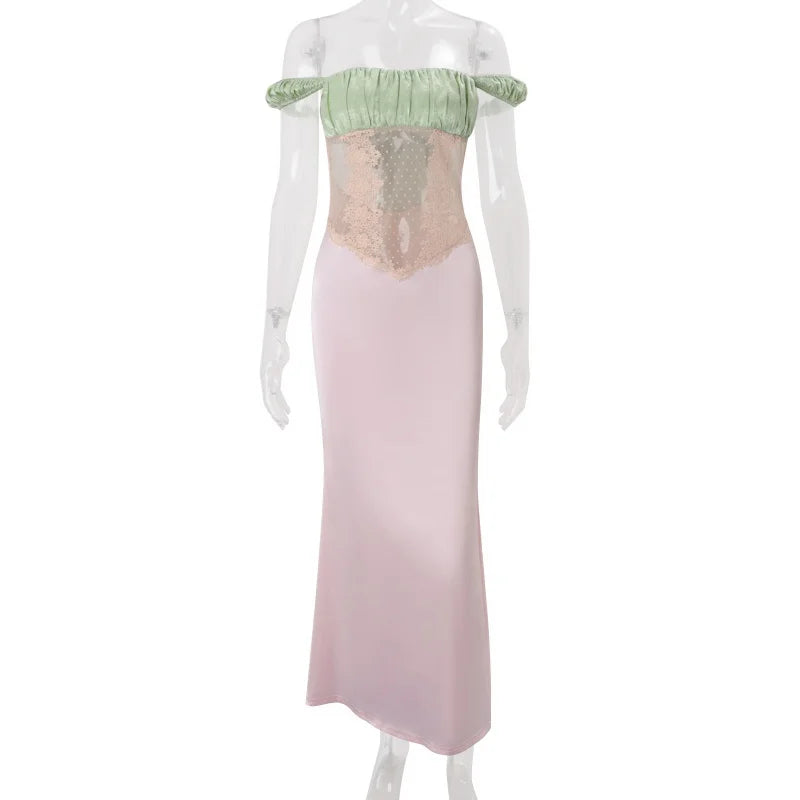 Color Block Off Shoulder Satin Maxi Dress With Lace Mesh Corset Bodice Elegant Evening Gown
