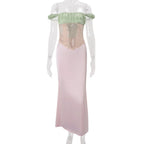 Color Block Off Shoulder Satin Maxi Dress With Lace Mesh Corset Bodice Elegant Evening Gown