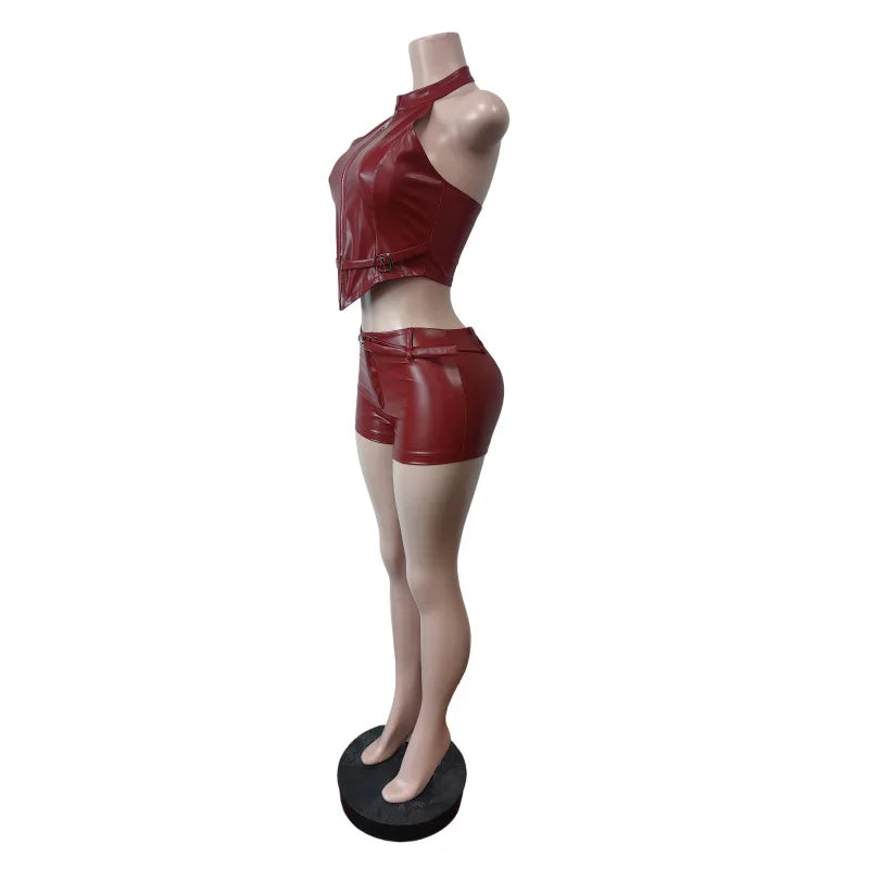 Luxe Two Piece Belted PU Set With Zip Halter Top And Skinny Shorts
