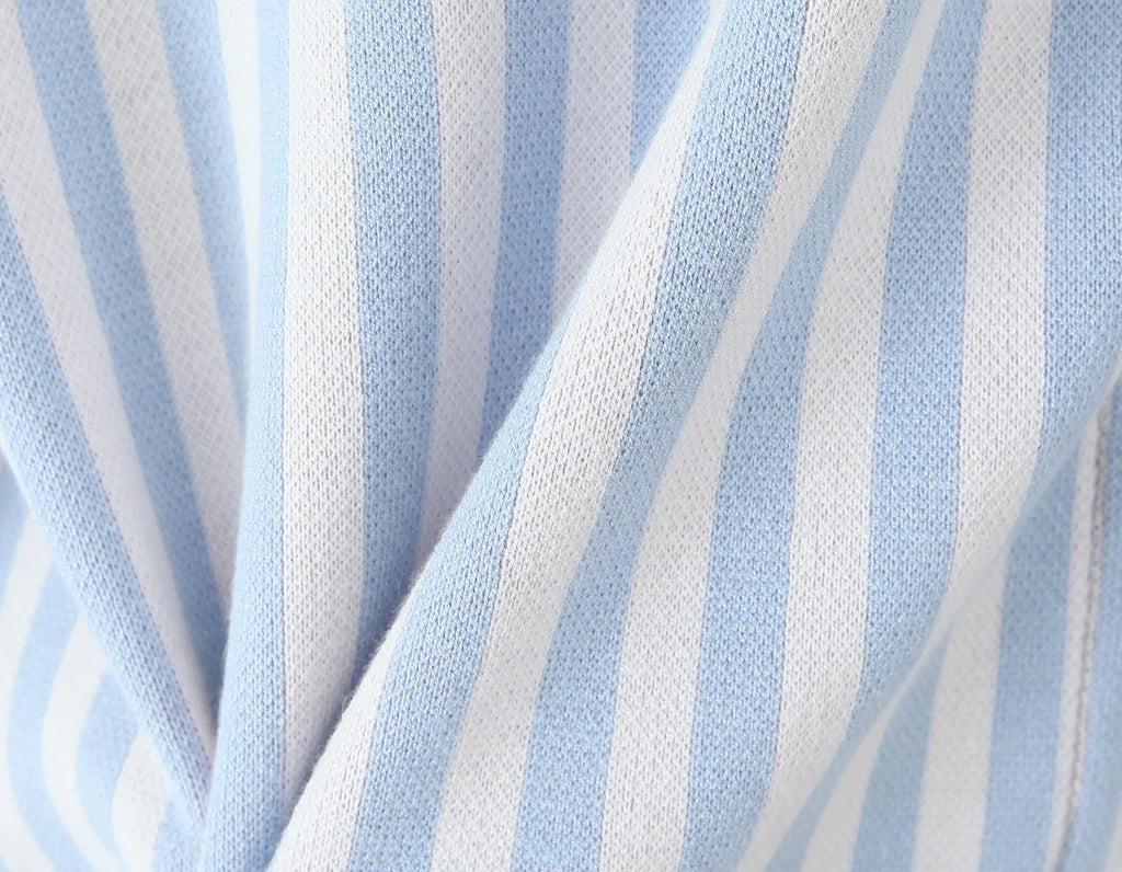 Sweet Blue White Striped Button Through Pointelle Knit Cardigan Sweater Woman Full Puff Sleeve Jumper Cropped Knitwear