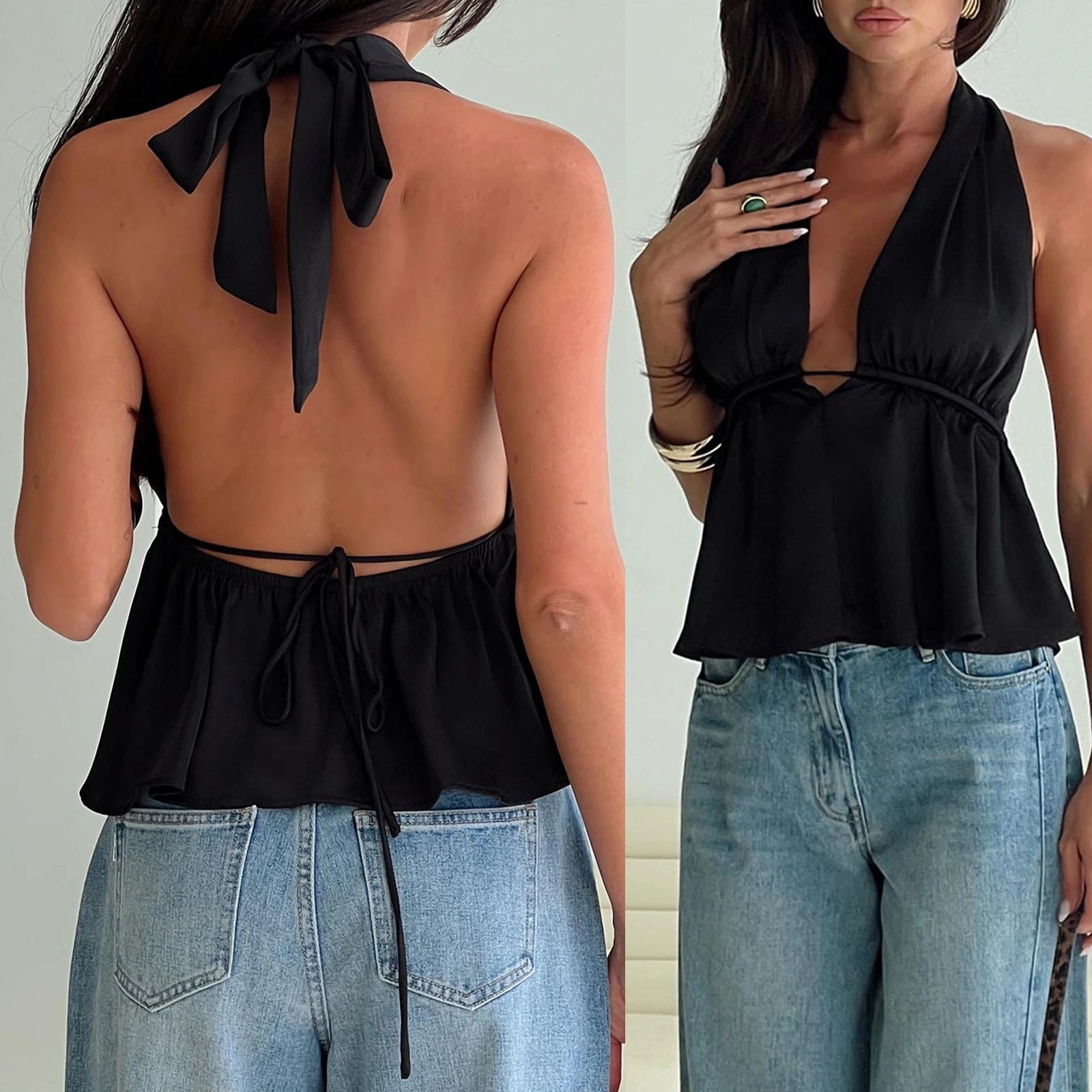 Halter Neck Crop Top With Tie Back Sleeveless Backless Camisole