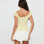 Cap Sleeve Button Down Blouse With Delicate Frill Trim