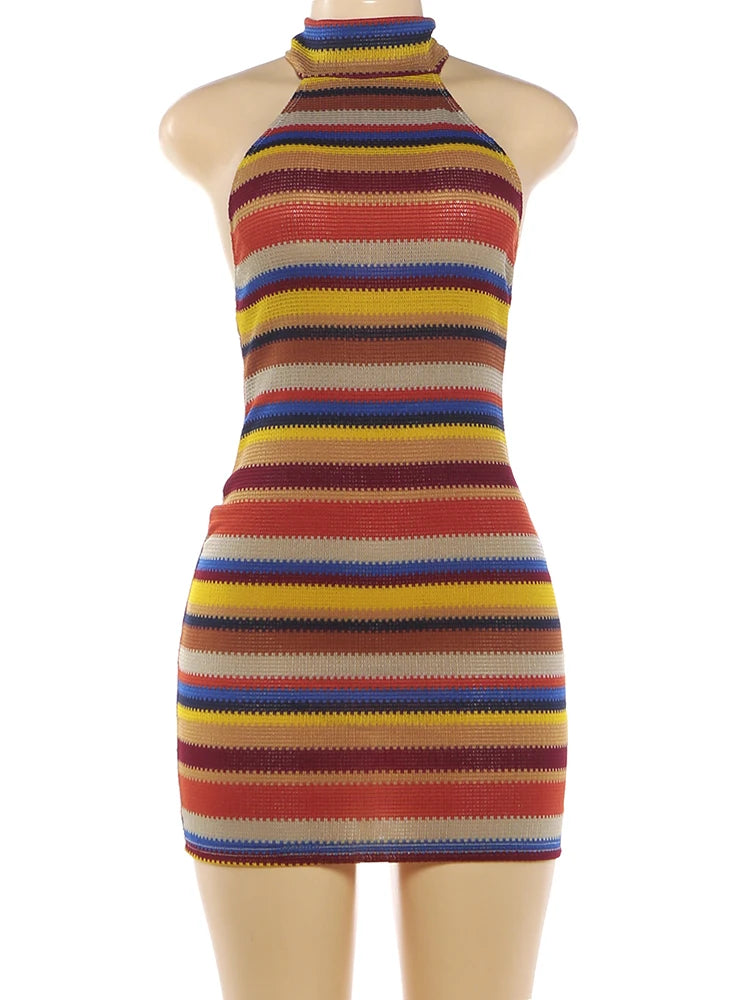 Stripe Patchwork Bodycon Mini Dress Halter Backless Off Shoulder