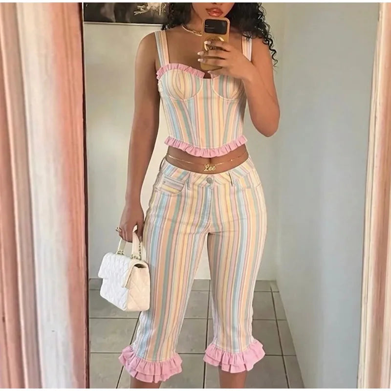 Fashion Stripe Capri Pant 2 Piece Set Women's Sleeveless Strap Crop Tank Waist-cinching Trousers