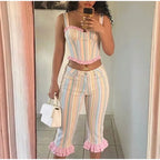 Fashion Stripe Capri Pant 2 Piece Set Women's Sleeveless Strap Crop Tank Waist-cinching Trousers