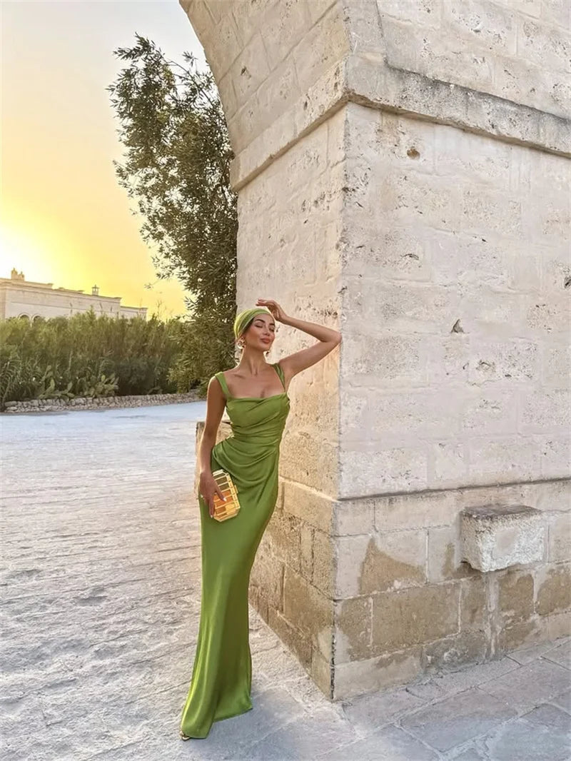 Elegant Satin Backless Halter Off-Shoulder Maxi Dress