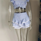 Cotton Plaid Ruffled Top And Shorts Set For Women