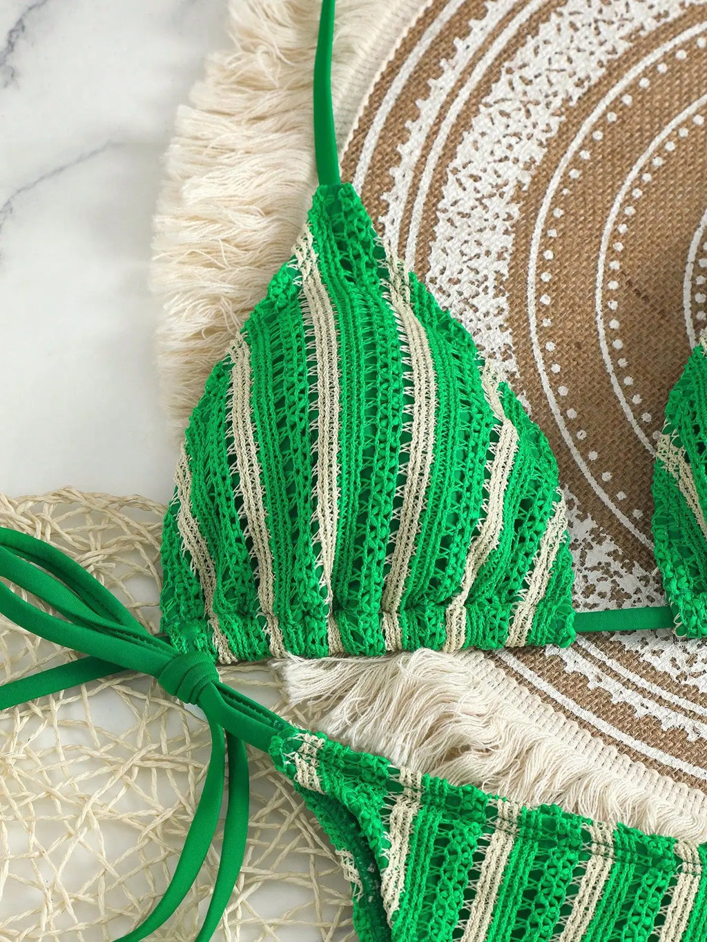 Retro Striped 3 Pieces Knitted Mesh String Bikini Set Swimsuit