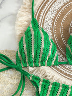 Retro Striped 3 Pieces Knitted Mesh String Bikini Set Swimsuit
