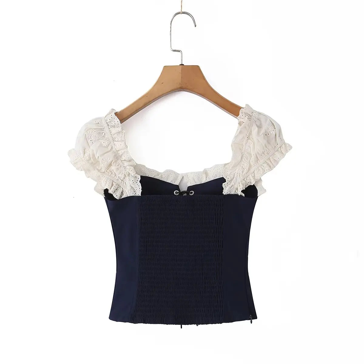 Women's Navy Blue Bustier Blouse With White Patchwork Lace-Up Front