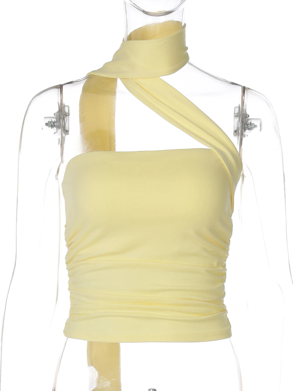 Elegant Halter Crop Top With Scarf Strap Ruched Slim Solid Design For Summer Streetwear