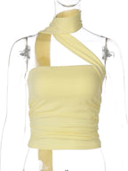Elegant Halter Crop Top With Scarf Strap Ruched Slim Solid Design For Summer Streetwear