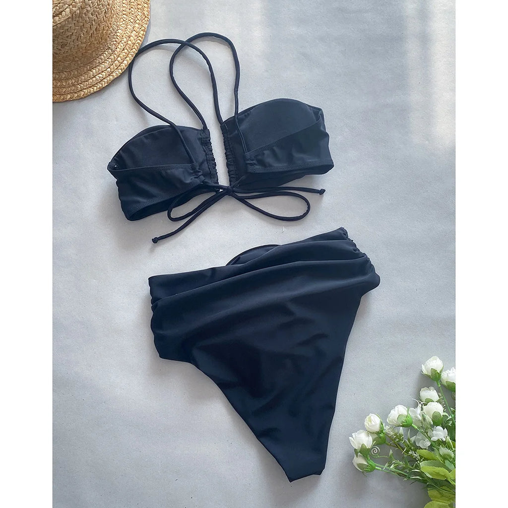 Floral 3D Detail Bikini Swimsuit With High Waist And Wrinkled Texture For Beach Days