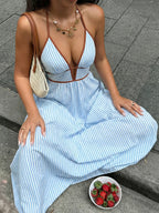Sea Breeze Striped Deep V Beach Dress With Backless Sleeveless Maxi