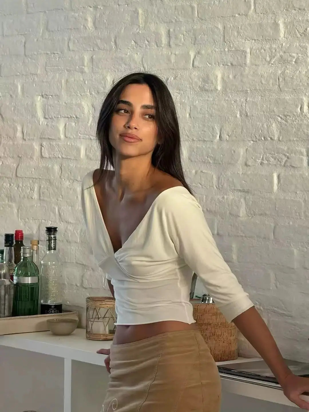V Neck Mid Sleeve Cropped Long-sleeves Blouse