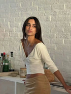V Neck Mid Sleeve Cropped Long-sleeves Blouse