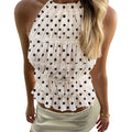 Dot Print Halter Tops With Ruffled Trim Backless Sleeveless Slim Fit