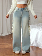 Ribbon Bow Wide Leg Jeans With High Rise Comfort Stretch