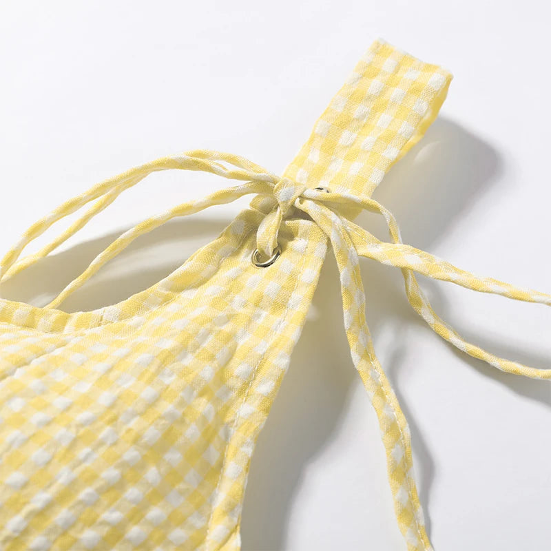 Sunny Plaid Sling Top With Ruffles V Neck Sleeveless