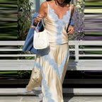 Lace Patchwork Two-piece Set With V-Neck Sling Top And Long Skirt