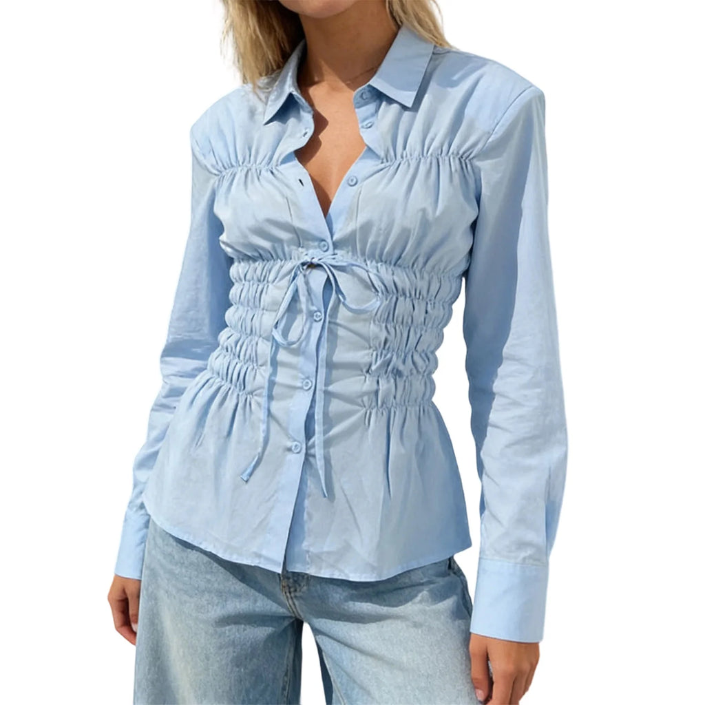 Smocked Long Sleeve Solid Color Collared Button Up Shirts