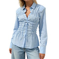 Smocked Long Sleeve Solid Color Collared Button Up Shirts