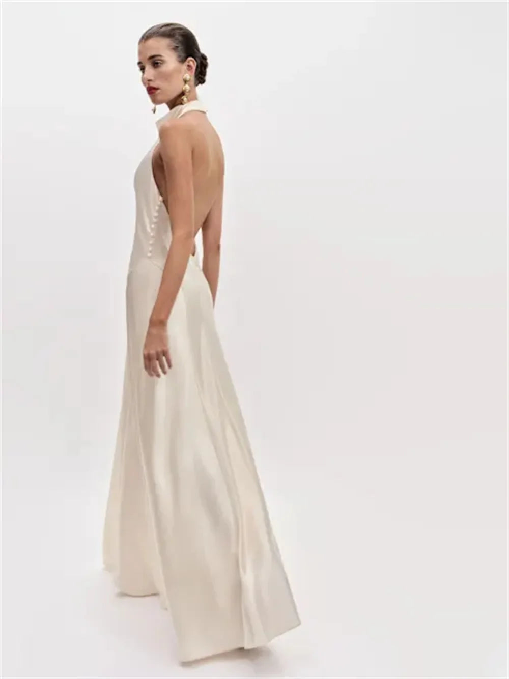 White Satin Halter Neck Gown With Backless Design Floor Length Dress