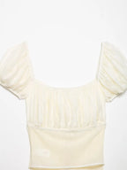 Female Slim Fit Square Neck Puff Sleeve Lace Ruched Corset Waist Short Blouse