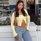 Square Collar Crop Top With Long Flare Sleeves And Button Details