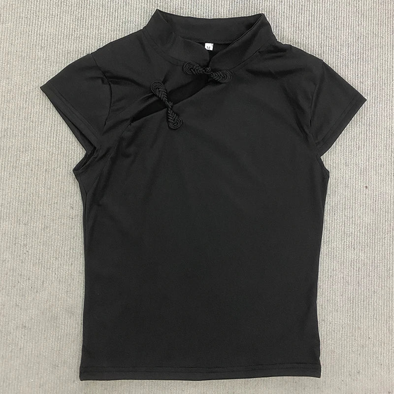 Ladies Blouse With Mandarin Collar Short Sleeve Crop Top Keyhole Frog Button Vintage Asymmetrical Design