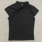 Ladies Blouse With Mandarin Collar Short Sleeve Crop Top Keyhole Frog Button Vintage Asymmetrical Design